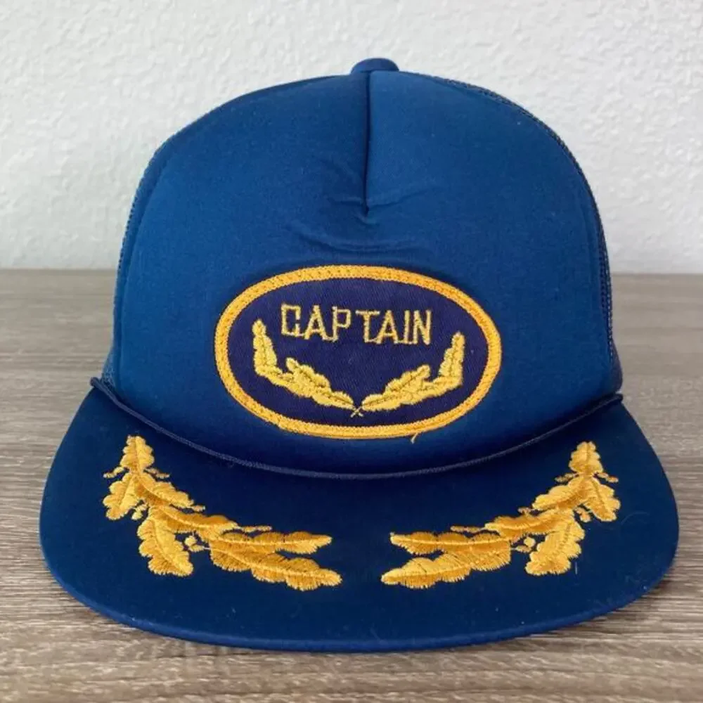 Vintage‎ Blue Captain Snapback Hat Unisex Adjustable Nautical 80s Style